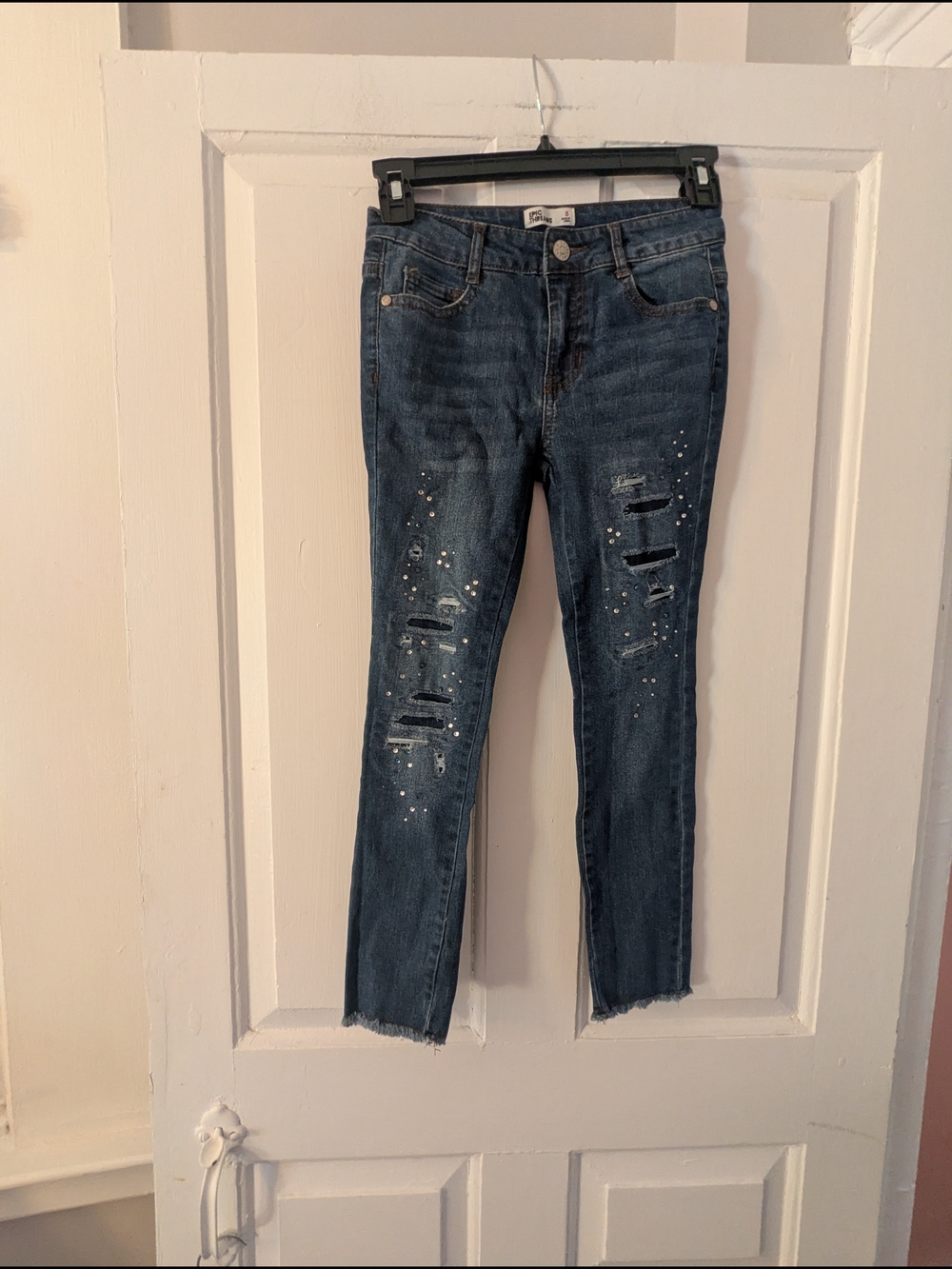 Epic Threads Dark Blue Distressed Jeans with Rhinestones